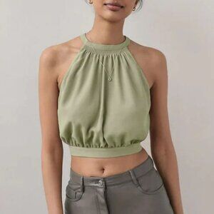 Aritzia Wilfred New Cadence Cropped Halter Blouse, Open Tie Back in Green, sz XS